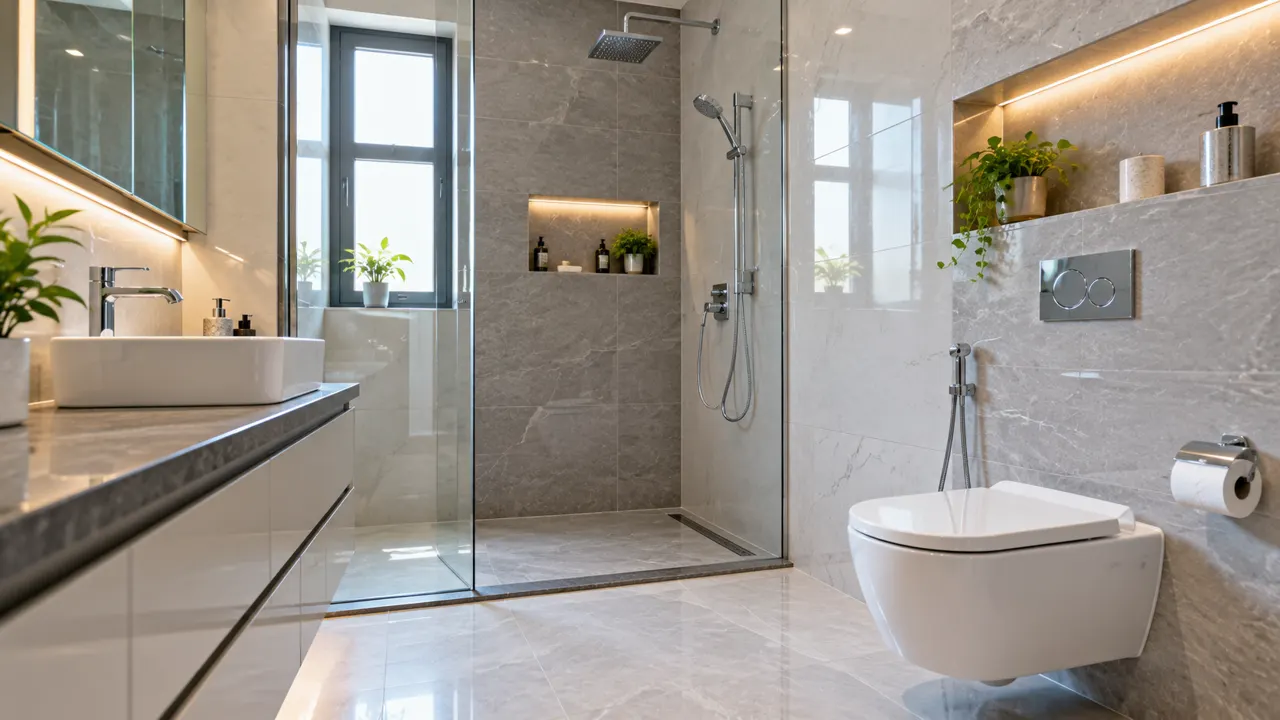 Finished modern bathroom with new plumbing fixtures